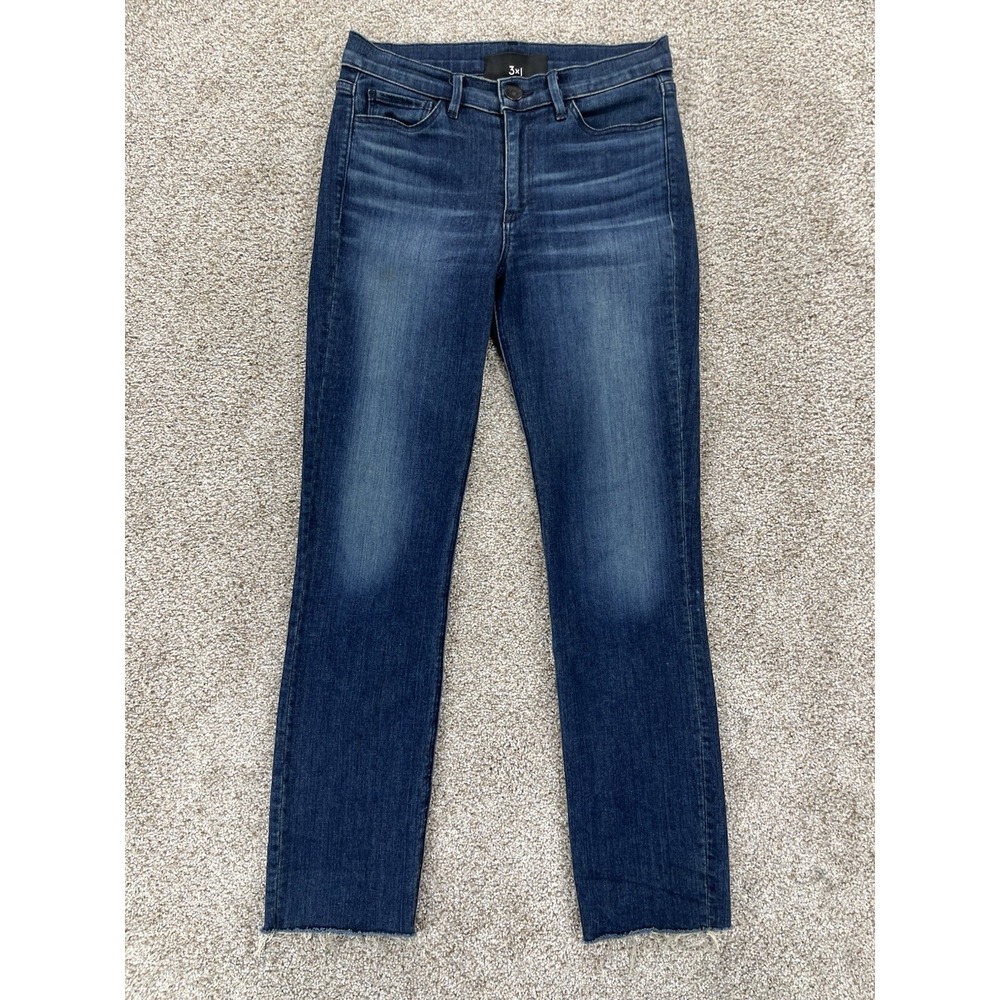 3X1 Straight Leg Jeans‎ Womens 24 Blue Cropped Dark Wash Stretch Denim Raw Hem